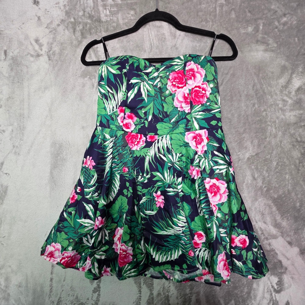Love Culture Tropical Floral Strapless Skort Dress Pink Green Navy Blue Medium